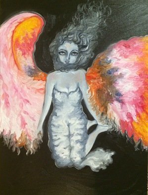 Sangeetha Bansal: 'Angel of hope and love', 2014 Oil Painting, People.   Oil painting of an angel flying. The angel has bright colorful wings and represents hope and love and joy. The art is painted in color and black/ white hues giving it a very striking finish. ...