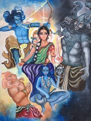 Sangeetha Bansal: 'Celebrating the goddess', 2016 Oil Painting, People.  Original oil painting celebrating the Hindu festival of Navratri. These nine days of festivities celebrate the various forms of the goddesses. This art is my interpretation of the goddess. Shes at the center of the art as Sita in a scene from the Ramayana. Shes seen as Laxmi- the giver...