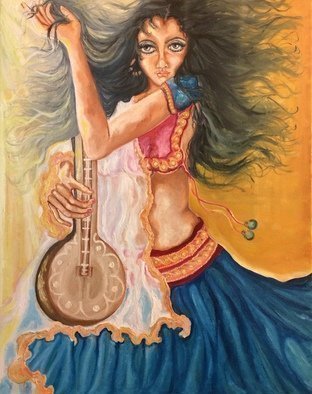 Sangeetha Bansal: 'Dance to the tune of my love', 2015 Oil Painting, People. Original oil painting of a woman dancing with an instrument. ...