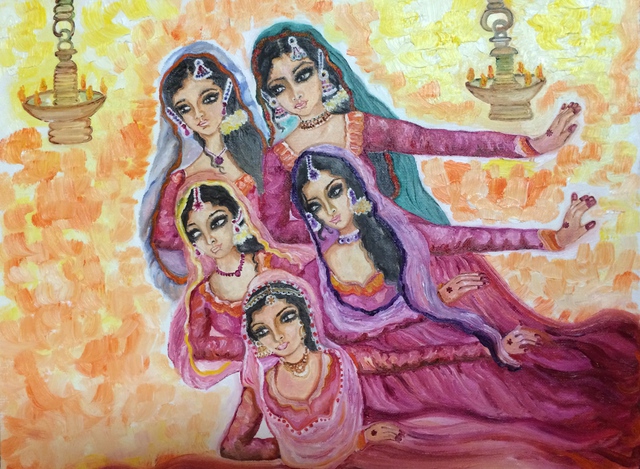 Artist Sangeetha Bansal. 'Dancing Girls' Artwork Image, Created in 2015, Original Mixed Media. #art #artist