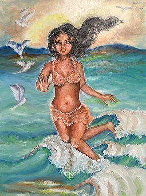 Sangeetha Bansal: 'Good bye summer', 2016 Oil Painting, People.  Original oil painting of a woman jumping in the waves. It is her one last frolic in the sun and sand. Its a last time time enjoying the water for the year. ...