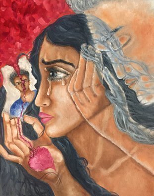 Sangeetha Bansal: 'Missing you', 2016 Oil Painting, Love.  Oil painting of a woman missing her lover. He has passed away and is no longer with her. He is with her in spirit though and will always be. She longs for his touch as she looks at his picture. She cannot see him but can feel his presence. His...