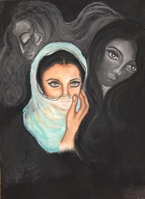 Sangeetha Bansal: 'Shadows of past', 2015 Charcoal Drawing, People.  Charcoal art of a mysterious veiled woman surrounded by shadows of her past. They have come back to haunt her present and she is trying to hide from them. ...