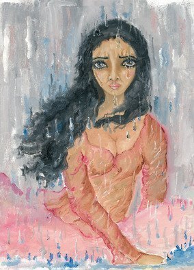 Sangeetha Bansal: 'Woman crying in the rain', 2013 Oil Painting, People.  Oil painting of a woman sitting in the rain and crying with her hair blowing in the wind and water splashing around her made on a canvas sheet. ...