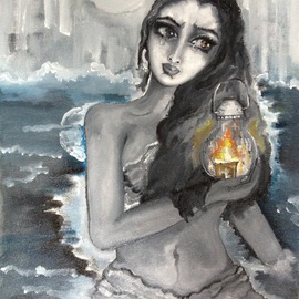Sangeetha Bansal: 'Woman drawing in sea of sorrow', 2013 Oil Painting, People. Artist Description: Oil painting of a crying woman standing in a sea of her sorrow and holding a lantern. The painting is made in black and white hues with the flame of the lantern and its reflection in her eyes in color. The painting is made on a canvas sheet. ...