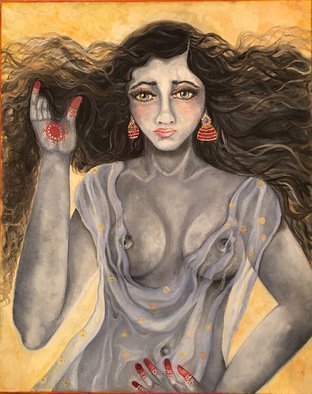 Sangeetha Bansal: 'allure', 2016 Oil Painting, People.  The beauty of a woman must be seen from in her eyes, because that is the doorway to her heart, the place where love resides. . Audrey HepburnOriginal oil painting of a beautiful woman. She has adorned her hands with henna and is gazing longingly ahead. She is alluring and...