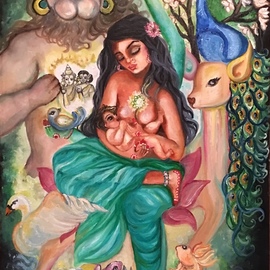 Sangeetha Bansal: 'heart chakra goddess', 2019 Oil Painting, Spiritual. Artist Description: Original oil painting of the heart chakra goddess.  Heart chakra or the aEUR~AnAhataaEURtm chakra is the fourth chakra.  Unconditional love is primarily associated with it.  The gentle doe is the animal associated with the chakra and green is the primary color of the chakra.  In my art, ...