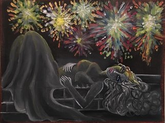 Sangeetha Bansal: 'nw year art', 2018 Oil Painting, Holidays. An art celebrating the spirit of the holidays and new years. Its a very blissful art showing a woman watching fireworks and ushering in the new year. There is a stillness and calmness to her and she s at peace. The past is gone and the light is guiding her ...