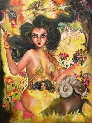 Sangeetha Bansal: 'solar plexus chakra goddess', 2020 Oil Painting, Spiritual. The Manipura chakra, or the third chakra is located above the navel, or slightly below the solar plexus.  Manipura is associated with the color yellow, element fire or the Hindu deity aEUR~AgniaEURtm and the associated planet is sun or the Hindu deity aEUR~SuryaaEURtm.  Basic function is digestion.  Manipura is theaEURoe...