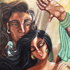 Sangeetha Bansal: 'soulmates', 2018 Oil Painting, Love. Artist Description: Oil paintaing of soulmates. He shields his sleeping bride from the sun s rays as she dreams of future bliss. This art shows how tender, mundane acts of love can enrich ones life. A very simple but deeply touching gesture. Its these little things that keep a relationship ...