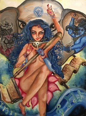 Sangeetha Bansal: 'throat chakra goddess', 2019 Oil Painting, Spiritual. The aEUR~Throat chakraaEURtm , is also known as the aEUR~VishuddhaaEURtm chakra.  It is the fifth chakra, located at the center of the neck at the level of the throat, it is the passage of the energy between the lower parts of the body and the head.  The function of the Throat ...