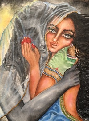 Sangeetha Bansal: 'two halves of a soul', 2018 Oil Painting, Love. Original oil painting of lovers embracing. The woman is protective and possessive of her beloved. That emotion is depicted by the lover covered by her veil. She holds him tenderly, as if to shelter him from all troubles. She wants nothing to harm him. He is secure in her love ...