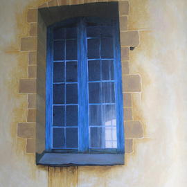 Sarah Longlands: 'Temple Window', 2006 Oil Painting, Philosophy. Artist Description: Looking into the dark interior of the Protestant temple in Nimes, seen from a second floor hotel bedroom.This picture is now available as an SA3 archival print see seperate entry.  ...