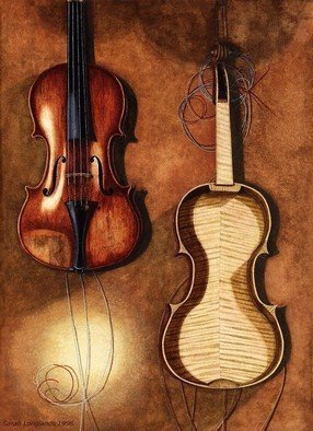 Sarah Longlands: 'Unfinished', 1998 Watercolor, Ethereal. Artist Description: Violin and bows hanging in the repairers workshop. ...