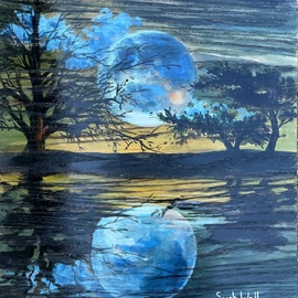 Sarah Wall: 'blue moon', 2022 Oil Painting, Cosmic. Artist Description: Blue moon oil painting on wood...