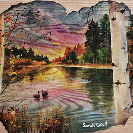 Sarah Wall: 'changing seasons', 2022 Oil Painting, Landscape. Artist Description: Beautiful lake birch tree ducks landscape oil painting on wood...