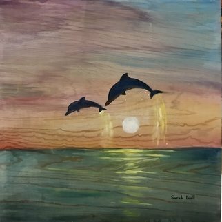 Sarah Wall: 'leaping over the horizon', 2021 Oil Painting, Sea Life. Dolphins Leaping over the horizon.  A beautiful ocean scene.  Oil and acrylic with gold leaf on wood. ...