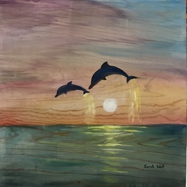 Sarah Wall: 'leaping over the horizon', 2021 Oil Painting, Sea Life. Artist Description: Dolphins Leaping over the horizon.  A beautiful ocean scene.  Oil and acrylic with gold leaf on wood. ...