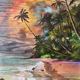 Sarah Wall: 'out of the jungle', 2022 Oil Painting, Beach. Artist Description: Beautiful tropical beach palm trees seascape sunrise ...