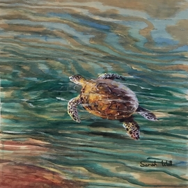 Sarah Wall: 'riding the wave', 2021 Oil Painting, Impressionism. Artist Description: Sea turtle on natural wood, Beautiful ocean life.  Sea life. ...