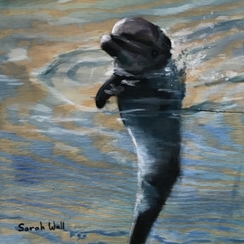 Sarah Wall: 'splashing around', 2021 Oil Painting, Sea Life. Artist Description: A dolphin is splashing around happily in the ocean. Lively and free. Oil and acrylic with gold leaf on wood.  ...