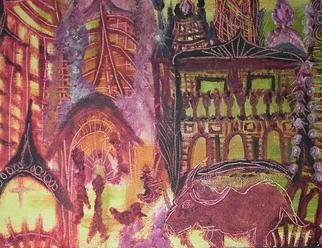 Smeetha Bhoumik: 'Novelty6to9', 2003 Oil Painting, Fantasy. After sunset, the city enters a dramatic phase of lights and sound, novelty lies in it' s theatres, movies, cuisine; even a bird chats up a solemn cow, and the stage is set. . . . for anything to happen! ...