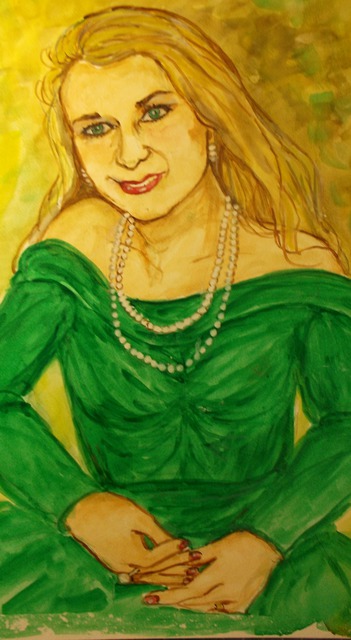 Artist Lenore Schenk. 'Lady In Green Dress' Artwork Image, Created in 2014, Original Watercolor. #art #artist