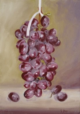 S. Josephine Weaver: 'Hanging Grapes', 2009 Oil Painting, Still Life.    fruit, ribbon, cluster    ...