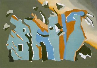 S. Josephine Weaver: 'Olive Hill', 1991 Oil Painting, Abstract Landscape.     hill house, sunrise, green, orange, window   ...
