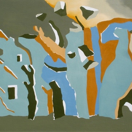 S. Josephine Weaver: 'Olive Hill', 1991 Oil Painting, Abstract Landscape. Artist Description:     hill house, sunrise, green, orange, window   ...