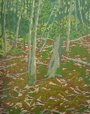 S. Josephine Weaver: 'Summer Shade', 1991 Oil Painting, Landscape.    trees, shadows, brush, groundcover       ...
