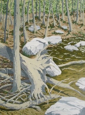 S. Josephine Weaver: 'Uprooted', 1991 Oil Painting, Landscape.  rocks. muddy, water, tree    ...