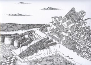 Robert H. Stockton: 'Meanwhile On the Opposite Shore', 2006 Pen Drawing, Abstract Landscape.  This is an original drawing done in pen and ink.  the artwork is 9