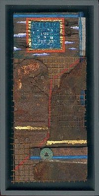 Robert H. Stockton: 'The Temple of Courage', 1997 Assemblage, Abstract. This assemblage, on wood, is composed of wire mesh, rusty metal, an old oxidized, copper transit token, rusted nails, acrylic paint, and gold leaf.  It is framed in a dark gray, wooden shadowbox.  It' s full title is: ( Traveling Through) The Temple of Courage....