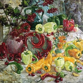 Olga Sedykh: 'burning fragrance', 2020 Oil Painting, Impressionism. Artist Description: Pepper, Rowan, chili pepper, vegetables, spicy...