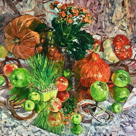 Olga Sedykh: 'in apples', 2020 Oil Painting, Impressionism. Artist Description: apples, green grass, fruit, horseshoes, vegetables, pumpkins, Floral Painting...