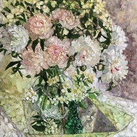 Olga Sedykh: 'pivoines et gasmin', 2020 Oil Painting, Impressionism. Artist Description: peonies, bouquet, vase, daisies, Jasmin, flowers...