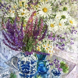 Olga Sedykh: 'sagein daisies', 2020 Oil Painting, Impressionism. Artist Description: Bouquet, Daisies, apple, flowers, bouquet, wildflowers...