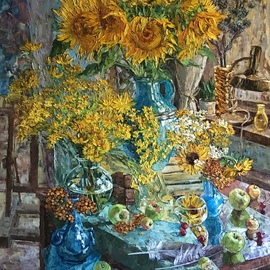 Olga Sedykh: 'the sun in the workshop', 2020 Oil Painting, Impressionism. Artist Description: Sunflowers, Daisies, Apples, Bouquet, Flowers, Floral Painting...
