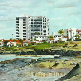 Lynette Seiter: 'City By the Sea', 2008 Oil Painting, Beach. Artist Description:  A San Diego beach showing the high rise resorts and houses along the shore. ...