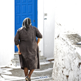 Frits Selier: 'Greek woman', 2012 Color Photograph, People. Artist Description:  Greek woman before a blue door at Naxos, Greece ...