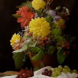 Dmitry Sevryukov: 'flowers and fruits', 2006 Oil Painting, Still Life. Artist Description: Realism needs rehabilitation and a Flemish- style still life is exactly what is needed for this. I try to work with respect to the masters of previous eras and to the standards of painting of the Middle Ages. I hope that what I do will appeal to lovers ...