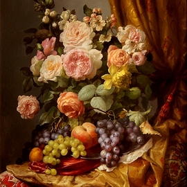 Dmitry Sevryukov: 'yellow drapery roses', 2017 Oil Painting, Still Life. Artist Description: Realism needs rehabilitation and a Flemish- style still life is exactly what is needed for this. I try to work with respect to the masters of previous eras and to the standards of painting of the Middle Ages. I hope that what I do will appeal to lovers ...