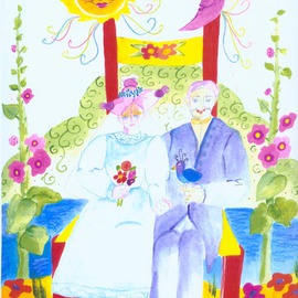 Suzanne Gegna: 'Wedding Picture in Chair', 2002 Acrylic Painting, Love. Artist Description: A loving wedding portrait, the couple sits in a chair among flowers, signifying growth and cycles. The Moon and Sun also represent natural cycles. ...