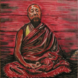 Richard Lazzara: 'dalai lama meditating', 2001 Acrylic Painting, Healing. Artist Description:  The Dalai Lama meditates in a red stained room, his eyes gaze off the the end of of his nose, the song is' om mani padme hum' . This portrait is one among many sages featured with 