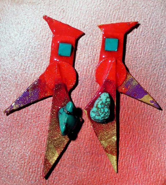 Artist Richard Lazzara. 'Red Gradual Turquoise Ear Ornaments' Artwork Image, Created in 1989, Original Pastel. #art #artist