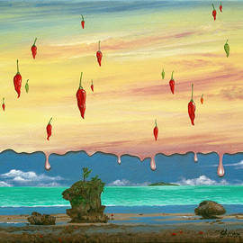 Sharon Ebert: 'Global Meltdown', 2008 Acrylic Painting, Surrealism. Artist Description:  The islands are melting away. . . even the chili's are sweating!  My concern about global warming. ...