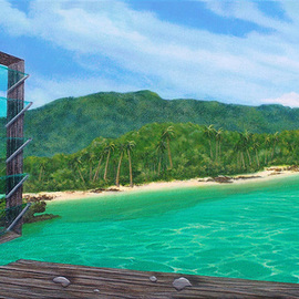 Sharon Ebert: 'Green With Jalousie', 2009 Oil Painting, Surrealism. Artist Description:  Tropical view of a window through my eyes. ...