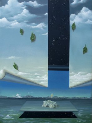 Sharon Ebert: 'Taking  Leave', 2010 Oil Painting, Surrealism.    Taking Leave, surreal, surrealism, oil painting, seascape, magic realism, skies, ocean, hibiscus flower, leaves, dew drops, starry, blue  ...