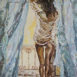 Vyacheslav Shcherbakov: 'He came', 2020 Acrylic Painting, Nudes. Artist Description: He should be here any minute.  Excitement seized, thoughts ran in my head I Think it s him.  I ll go check it out.  She only had time to put on a blouse and walked quickly to the balcony.  She pulled back the curtains, automatically preening herself, straightening ...